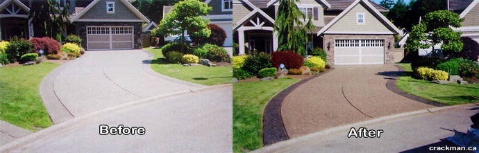 Before and After the Crackman restored this exposed aggregate concrete driveway