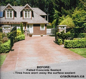 A failed concrete sealant on a residential driveway - click for a larger photo